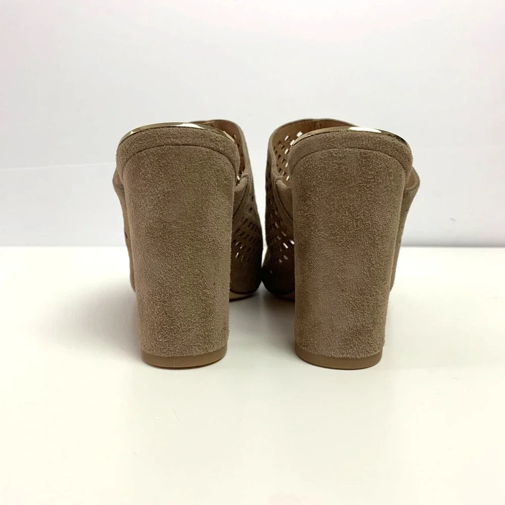 New Diane von Furstenberg Taviano Laser Cut Suede Leather Mule Sandals 6.5 Taupe
